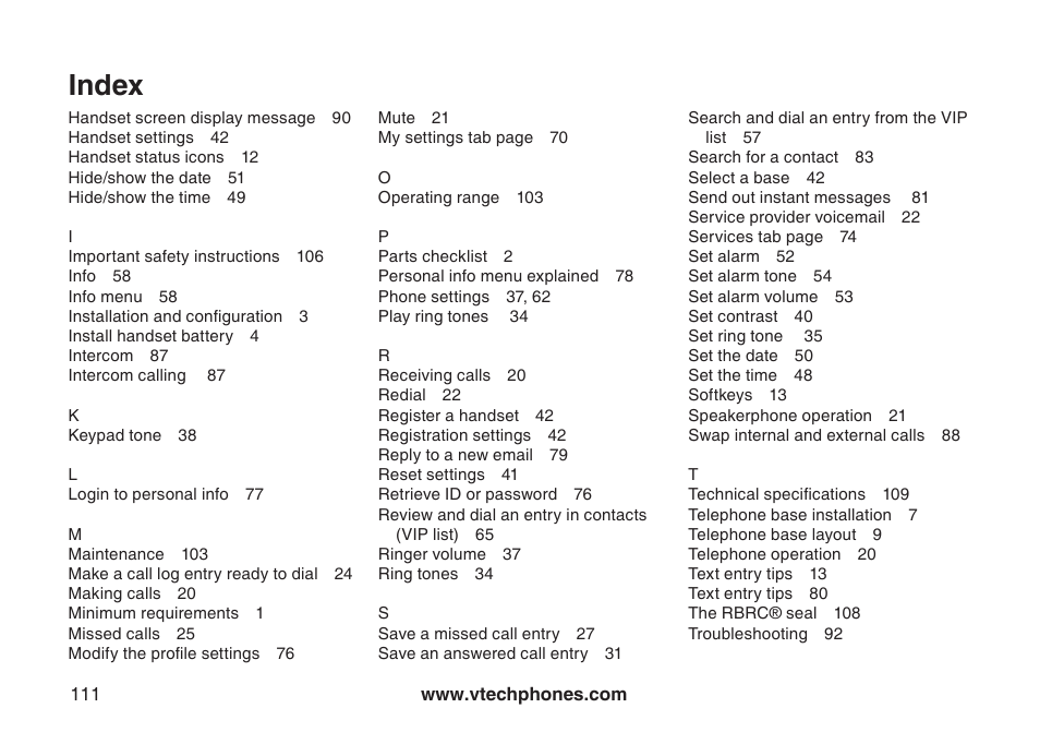 Index | VTech IP8300 User Manual | Page 116 / 118