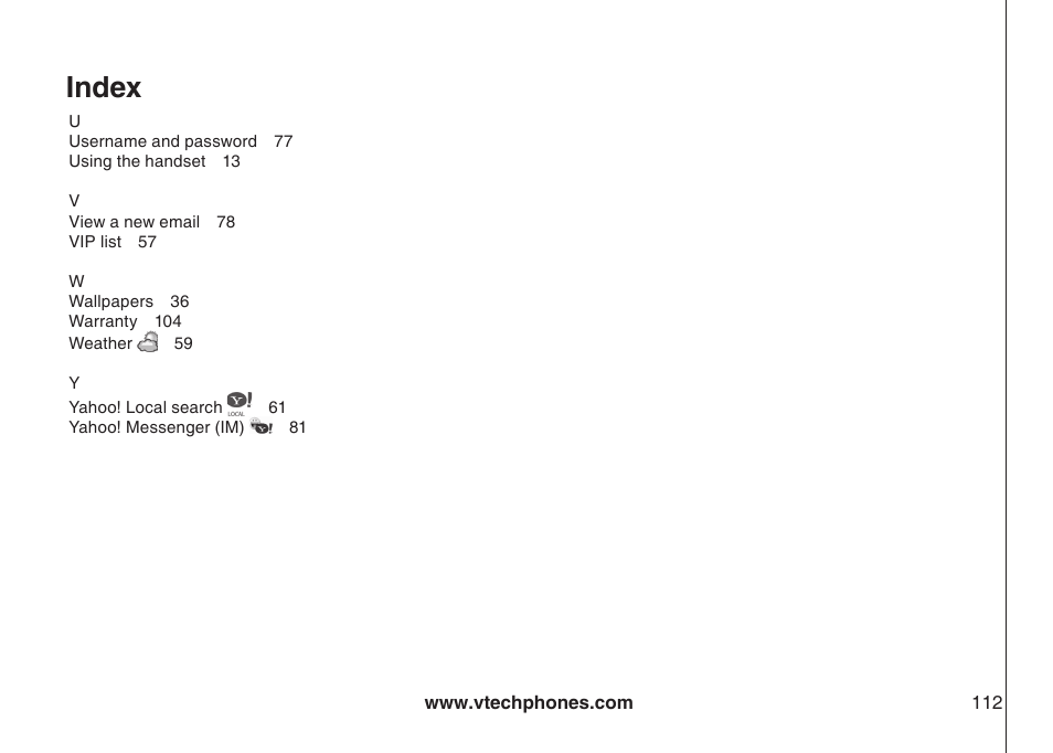 Index | VTech IP8300 User Manual | Page 117 / 118