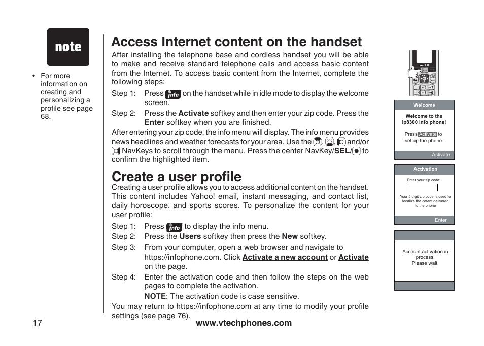 Create a user profile, Access internet content on the handset | VTech IP8300 User Manual | Page 22 / 118