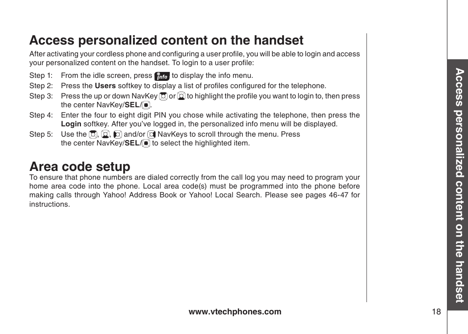 Area code setup, Access personalized content on the handset | VTech IP8300 User Manual | Page 23 / 118