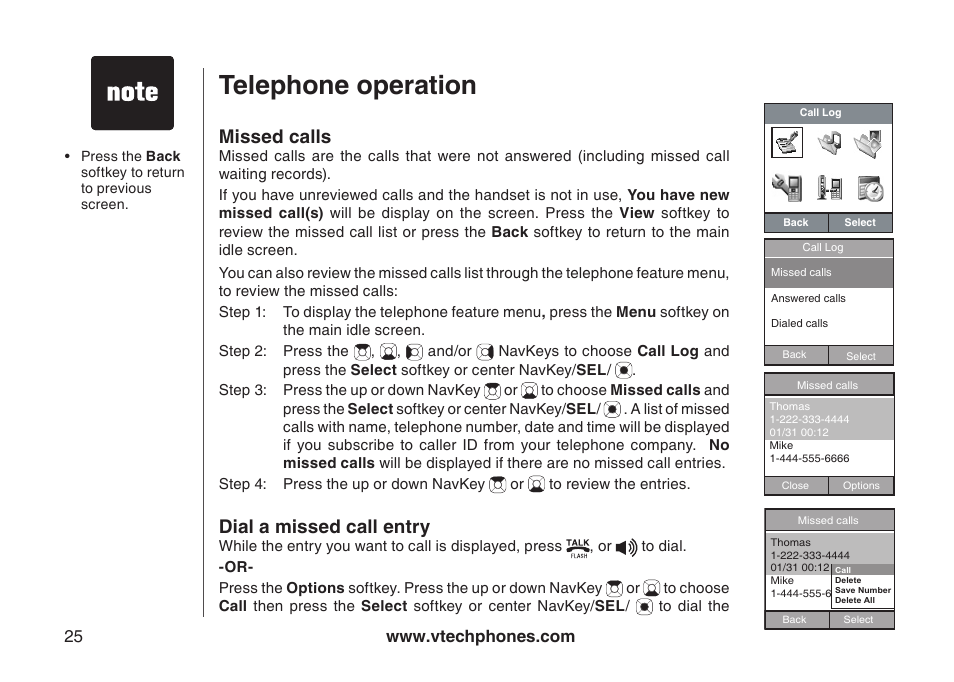 Telephone operation, Missed calls, Dial a missed call entry | VTech IP8300 User Manual | Page 30 / 118