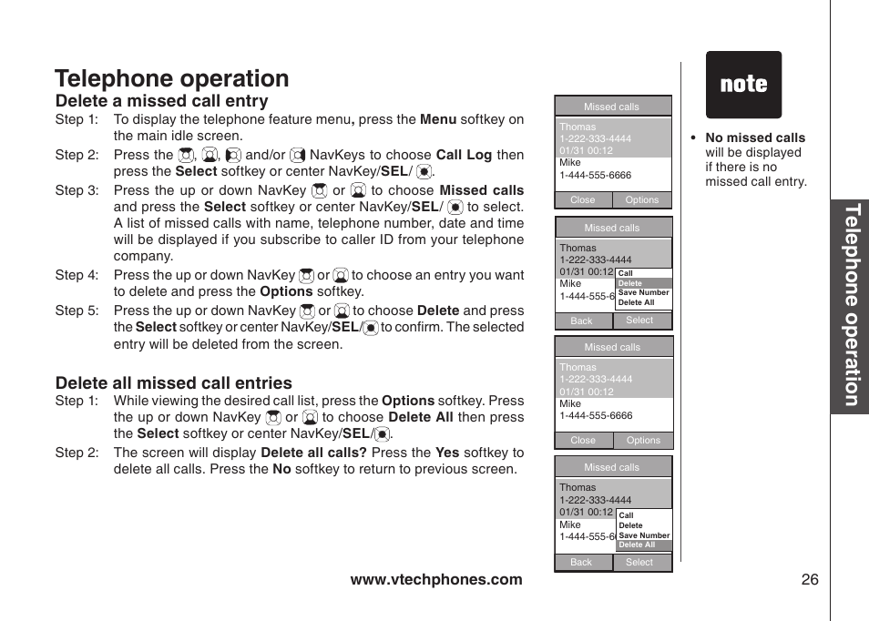 Telephone operation, Delete a missed call entry, Delete all missed call entries | VTech IP8300 User Manual | Page 31 / 118