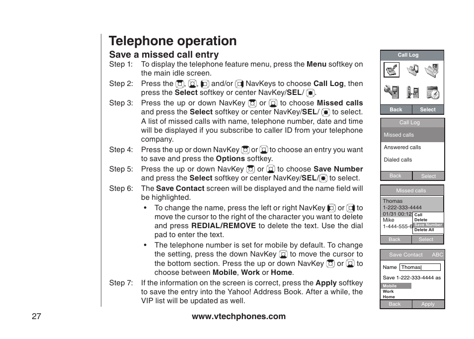 Telephone operation, Save a missed call entry | VTech IP8300 User Manual | Page 32 / 118