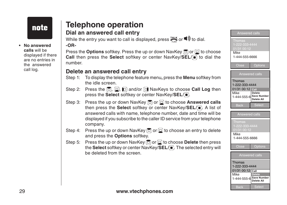 Telephone operation, Dial an answered call entry, Delete an answered call entry | VTech IP8300 User Manual | Page 34 / 118