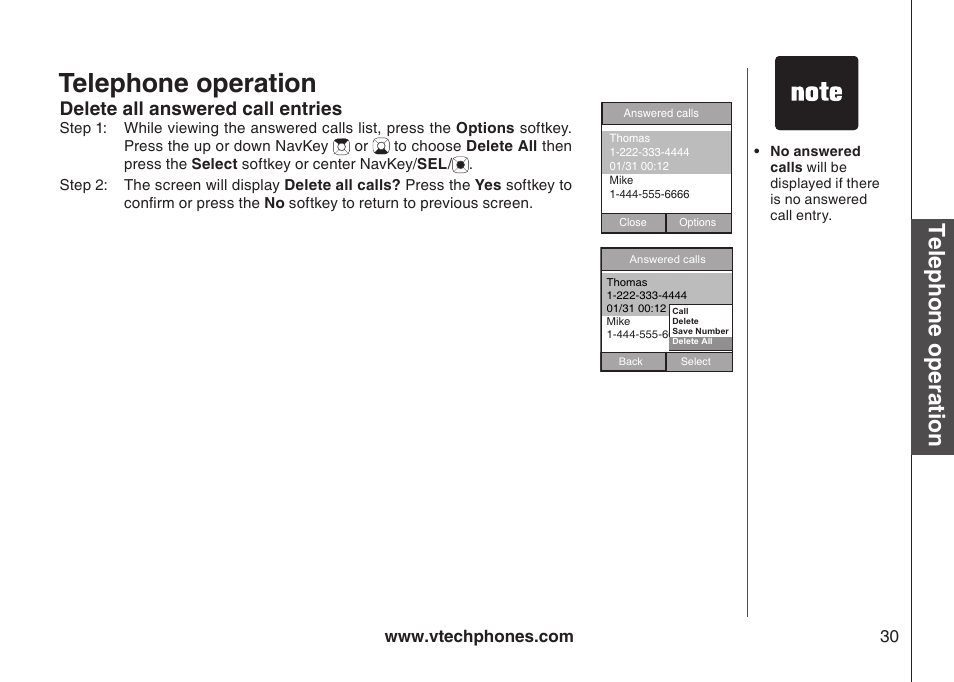 Telephone operation, Delete all answered call entries | VTech IP8300 User Manual | Page 35 / 118