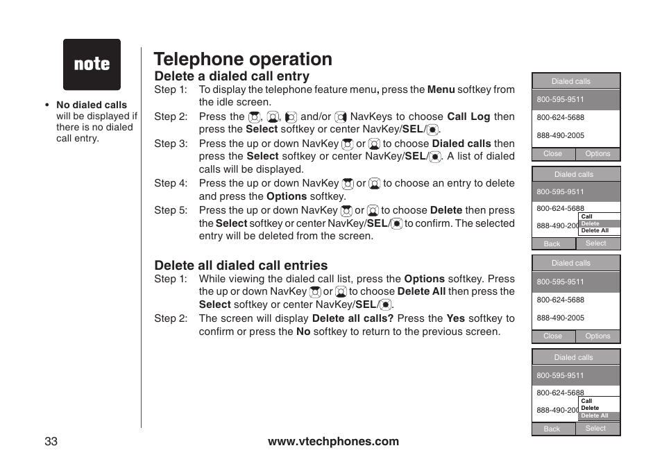 Telephone operation, Delete a dialed call entry, Delete all dialed call entries | VTech IP8300 User Manual | Page 38 / 118