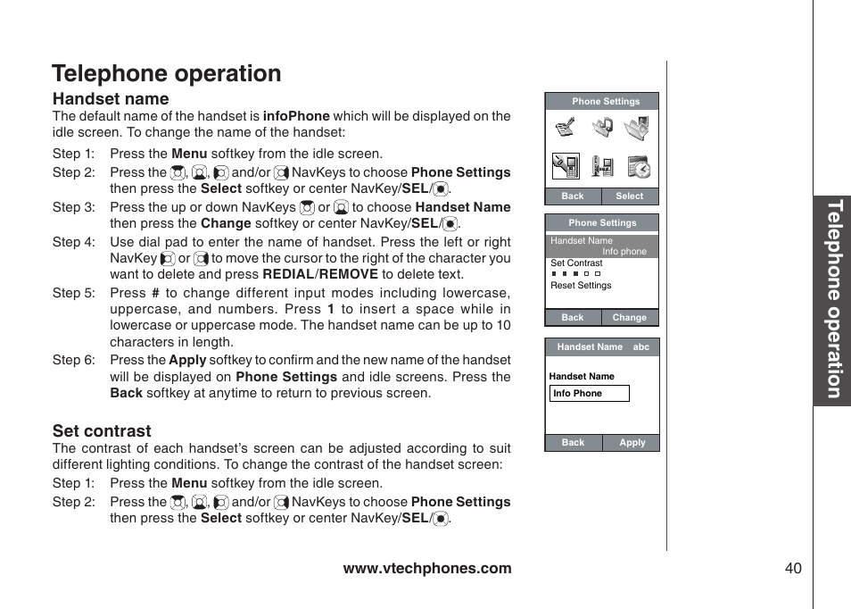 Telephone operation, Handset name, Set contrast | VTech IP8300 User Manual | Page 45 / 118