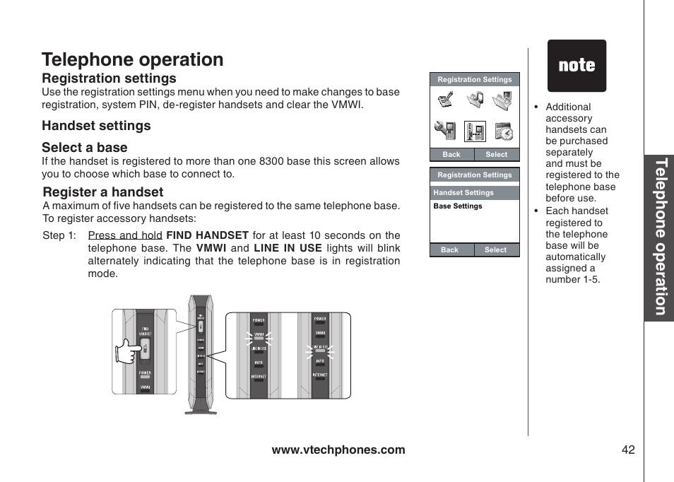 Telephone operation, Registration settings, Handset settings select a base | Register a handset | VTech IP8300 User Manual | Page 47 / 118