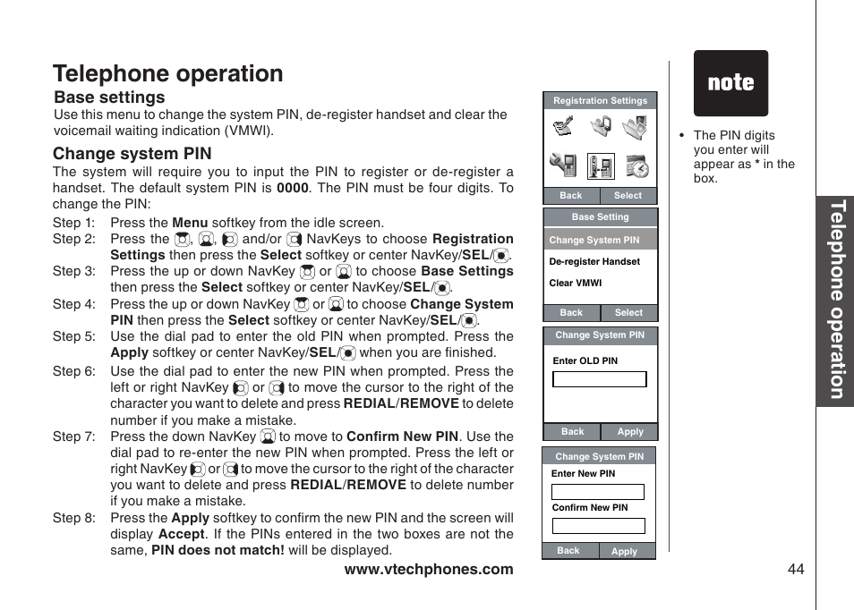 Telephone operation, Change system pin, Base settings | VTech IP8300 User Manual | Page 49 / 118