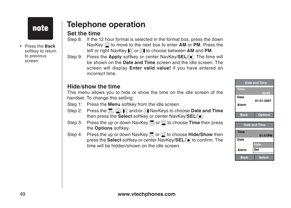 Telephone operation, Set the time, Hide / show the time | VTech IP8300 User Manual | Page 54 / 118