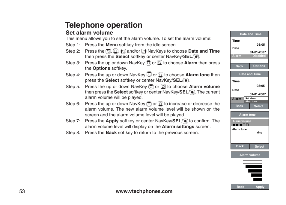 Telephone operation, Set alarm volume | VTech IP8300 User Manual | Page 58 / 118