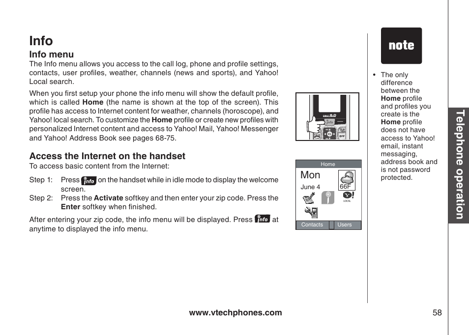 Info, Telephone operation | VTech IP8300 User Manual | Page 63 / 118