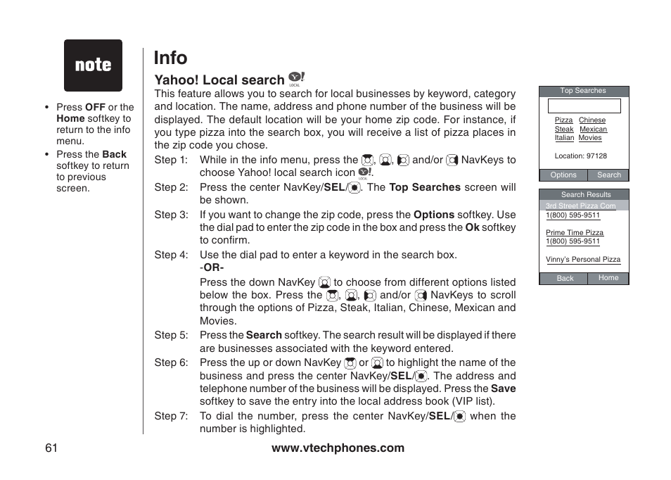 Info, Yahoo! local search | VTech IP8300 User Manual | Page 66 / 118