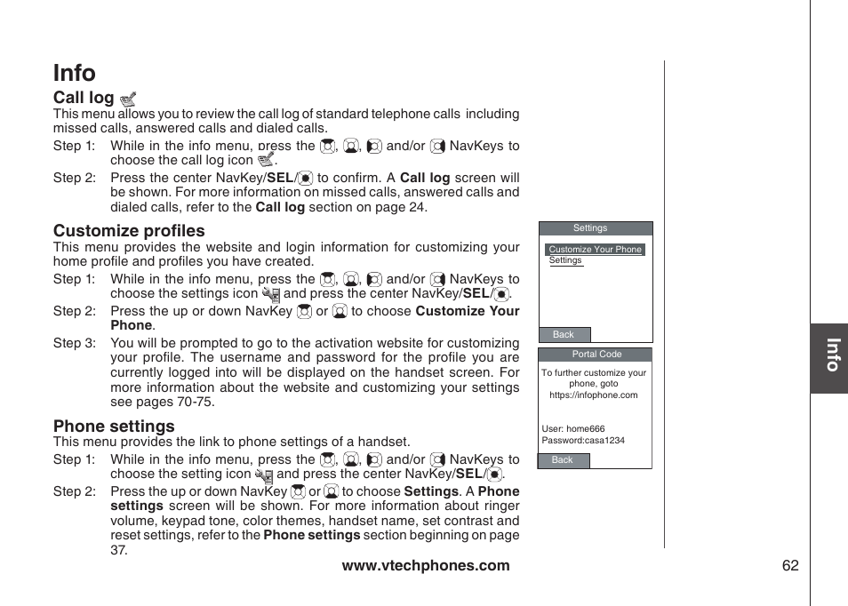 Info, Call log, Customize profiles | Phone settings | VTech IP8300 User Manual | Page 67 / 118
