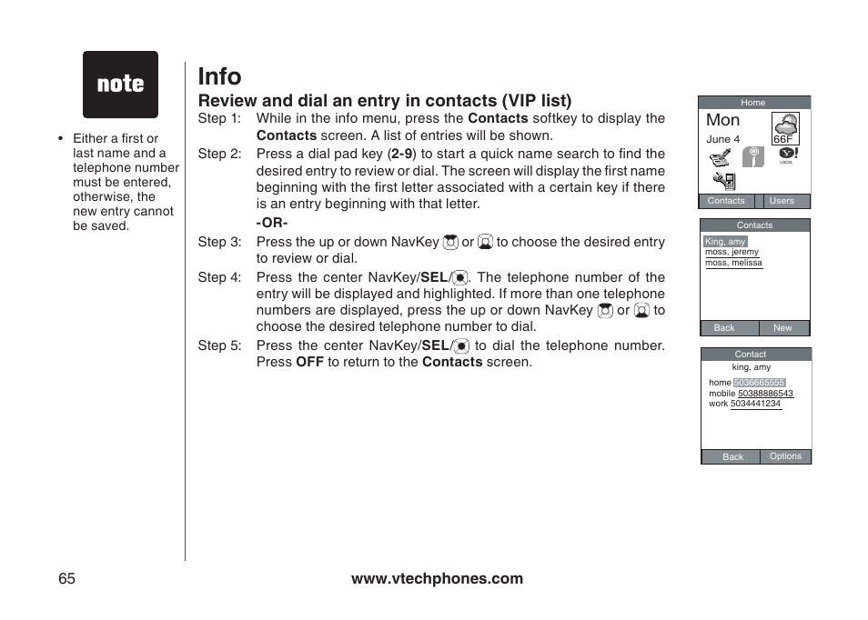 Info, Review and dial an entry in contacts (vip list) | VTech IP8300 User Manual | Page 70 / 118