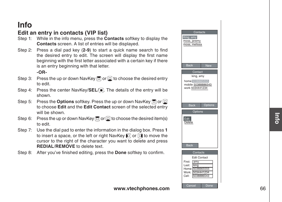 Info, Edit an entry in contacts (vip list) | VTech IP8300 User Manual | Page 71 / 118