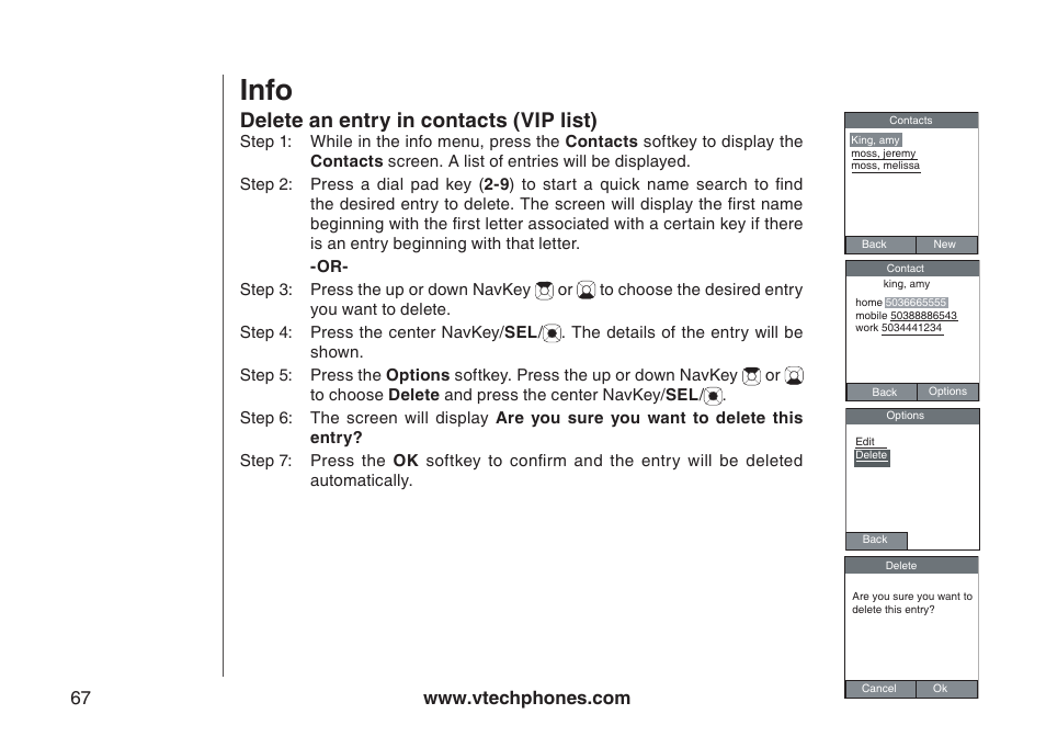 Info, Delete an entry in contacts (vip list) | VTech IP8300 User Manual | Page 72 / 118