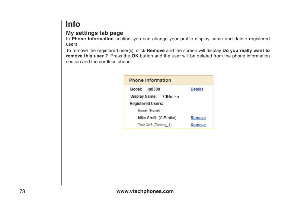 Info | VTech IP8300 User Manual | Page 78 / 118