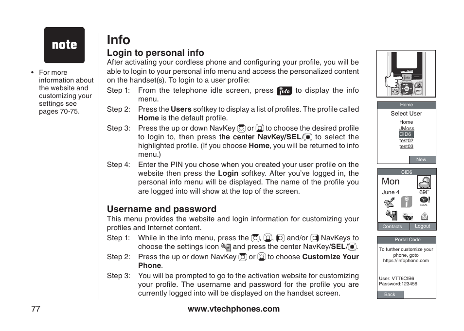 Info, Login to personal info, Username and password | VTech IP8300 User Manual | Page 82 / 118