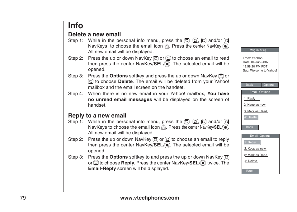 Info, Delete a new email, Reply to a new email | VTech IP8300 User Manual | Page 84 / 118