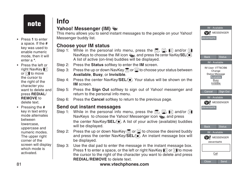 Info, Yahoo! messenger (im), Choose your im status | Send out instant messages | VTech IP8300 User Manual | Page 86 / 118