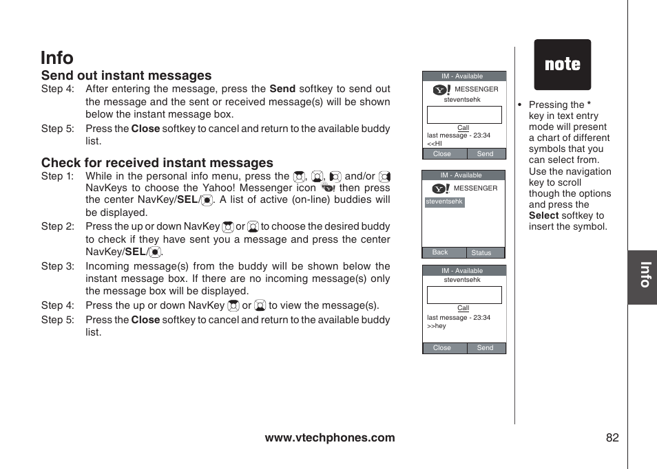 Info, Send out instant messages, Check for received instant messages | VTech IP8300 User Manual | Page 87 / 118