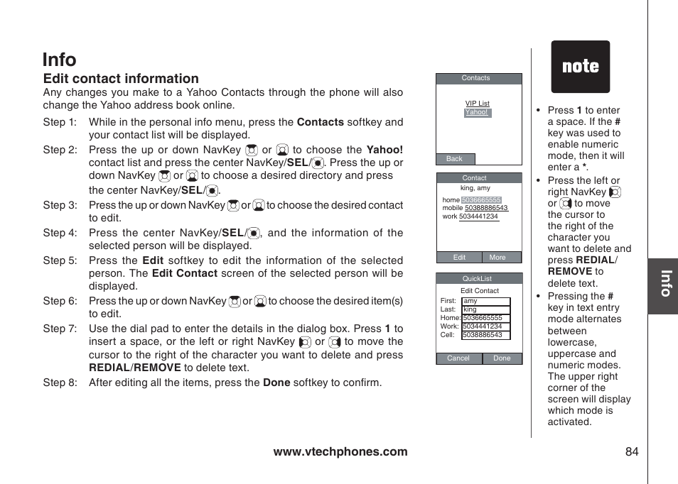 Info, Edit contact information | VTech IP8300 User Manual | Page 89 / 118