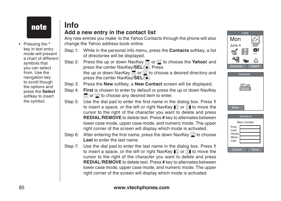 Info, Add a new entry in the contact list | VTech IP8300 User Manual | Page 90 / 118