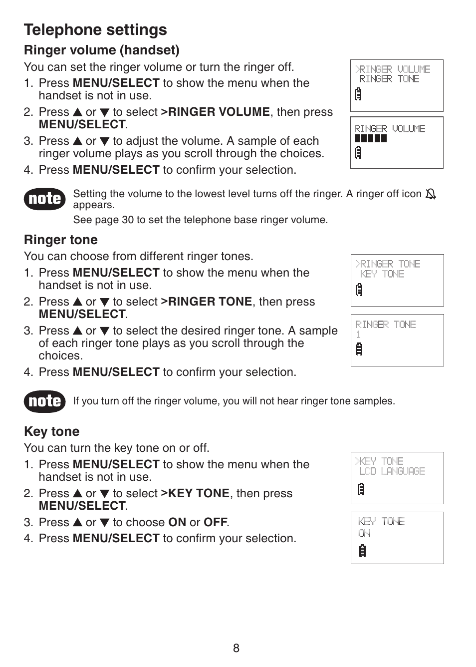 Telephone settings ringer volume (handset), Ringer tone, Key tone | Telephone settings, Ringer volume (handset) | VTech CS6229-5 User Manual | Page 12 / 61