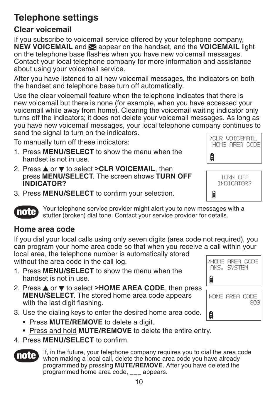 Clear voicemail, Home area code, Telephone settings | VTech CS6229-5 User Manual | Page 14 / 61