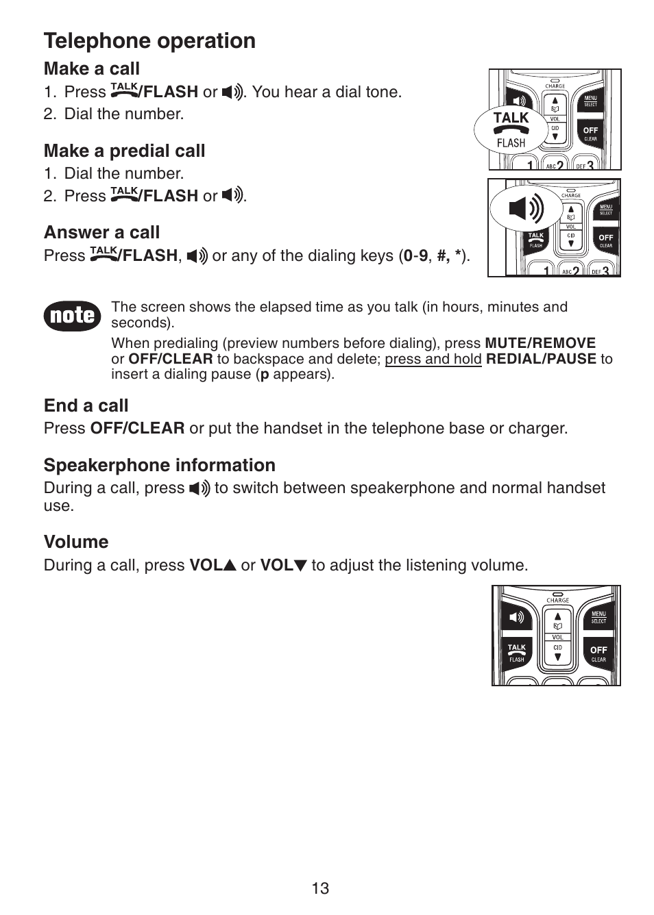 Telephone operation make a call, Make a predial call, Answer a call | End a call, Speakerphone information, Volume, Telephone operation | VTech CS6229-5 User Manual | Page 17 / 61