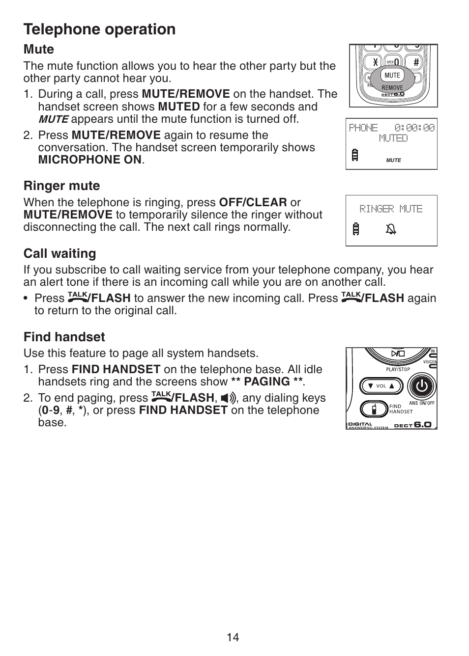 Mute, Ringer mute, Call waiting | Find handset, Telephone operation | VTech CS6229-5 User Manual | Page 18 / 61