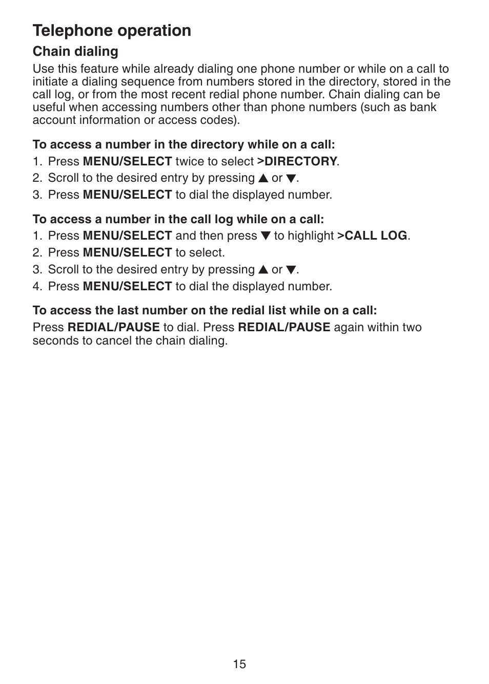 Chain dialing, Telephone operation | VTech CS6229-5 User Manual | Page 19 / 61