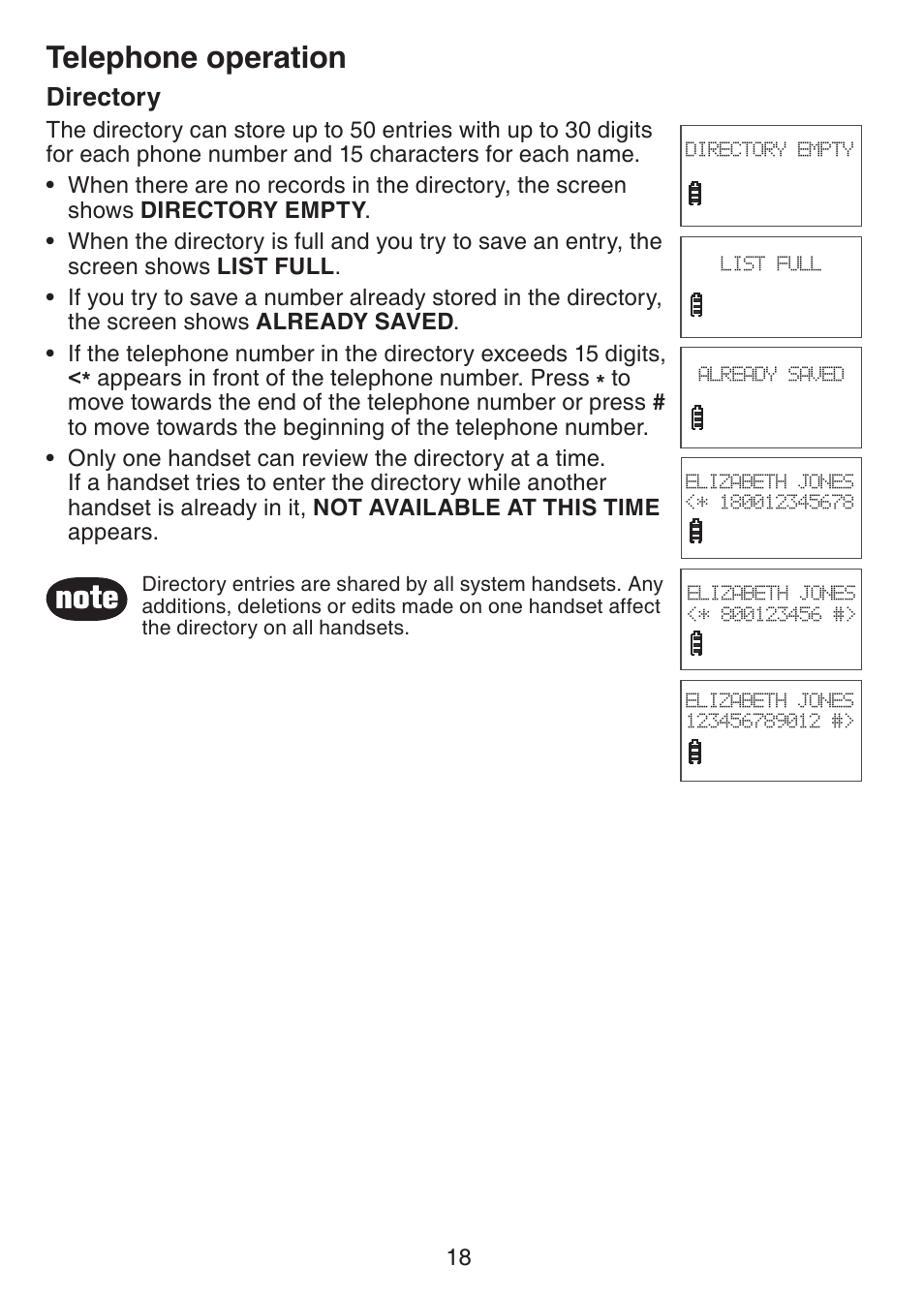 Directory, Telephone operation | VTech CS6229-5 User Manual | Page 22 / 61