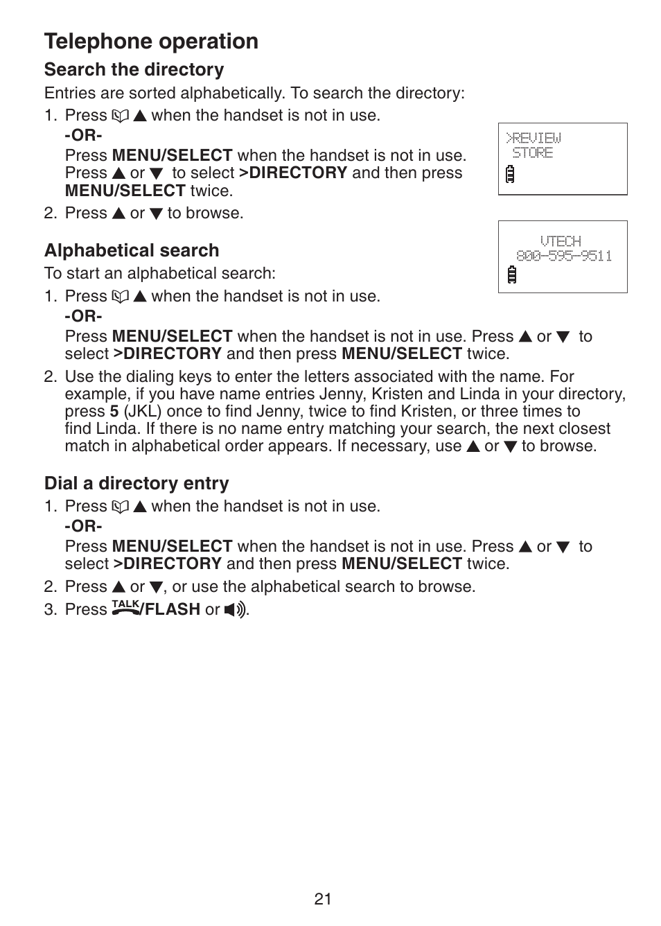 Search the directory, Alphabetical search, Dial a directory entry | Telephone operation | VTech CS6229-5 User Manual | Page 25 / 61