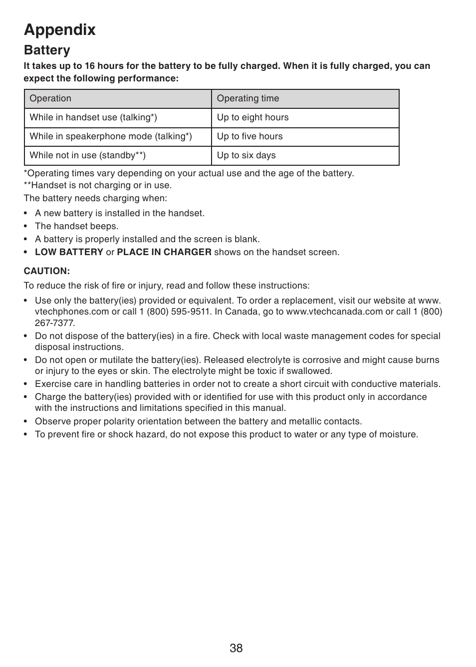 Battery, Appendix | VTech CS6229-5 User Manual | Page 42 / 61