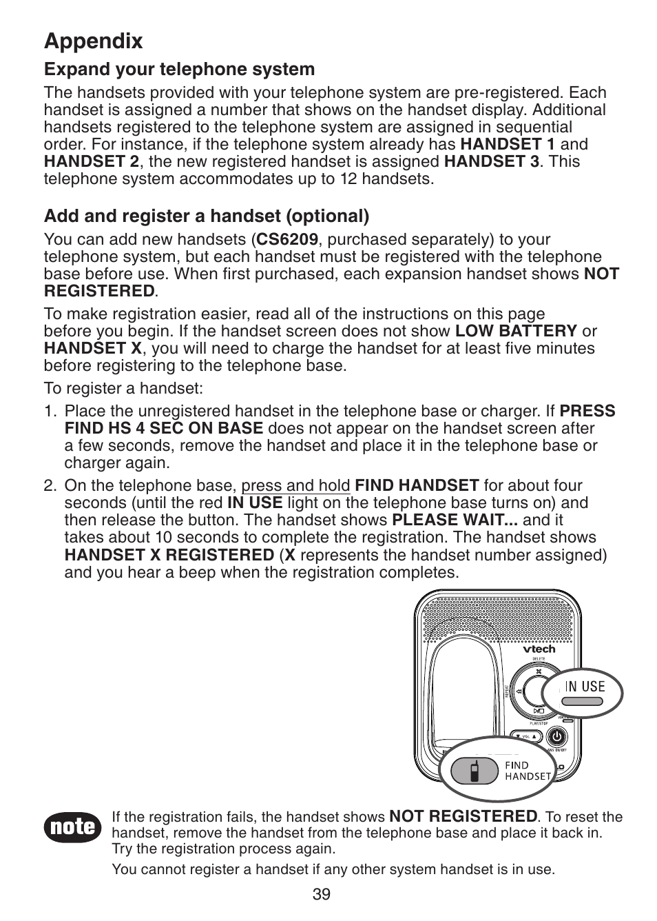 Expand your telephone, System, Add and register a handset | Optional), Appendix | VTech CS6229-5 User Manual | Page 43 / 61
