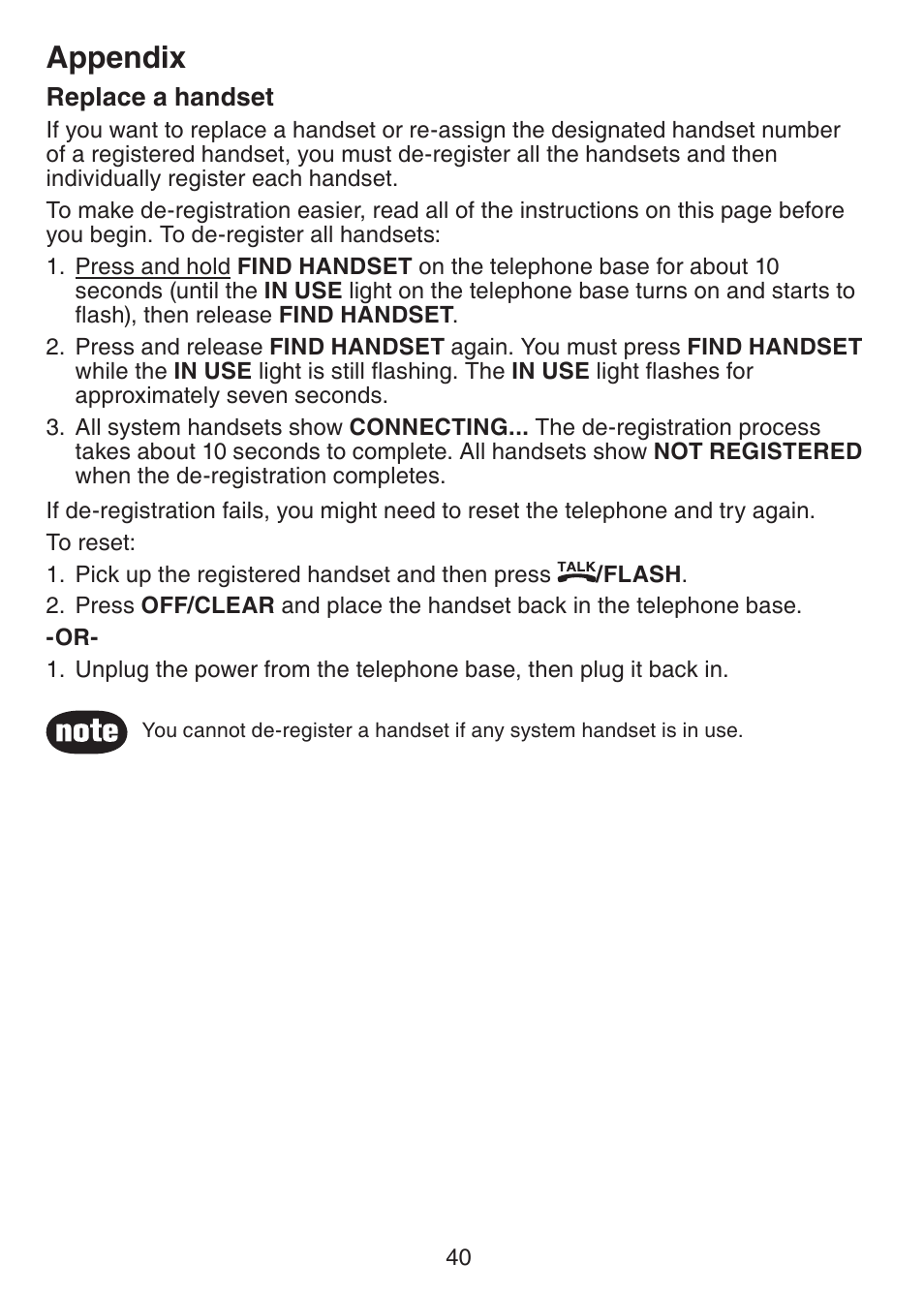 Replace a handset, Appendix | VTech CS6229-5 User Manual | Page 44 / 61