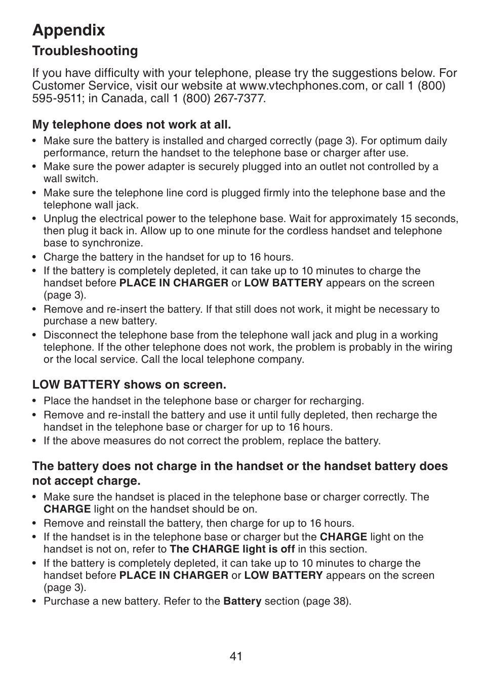 Troubleshooting, Appendix | VTech CS6229-5 User Manual | Page 45 / 61