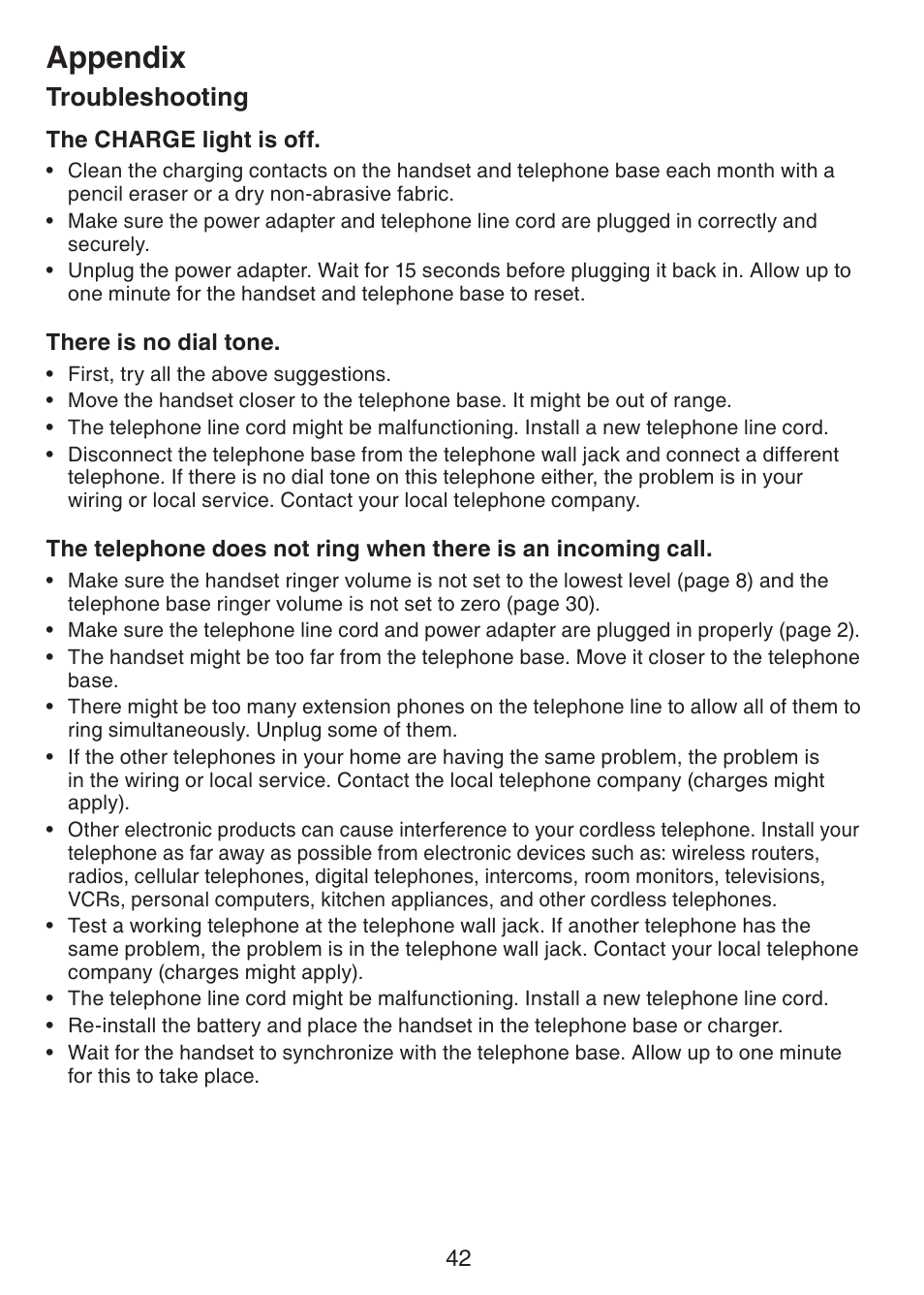 Appendix, Troubleshooting | VTech CS6229-5 User Manual | Page 46 / 61