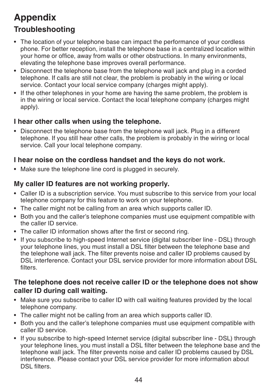 Appendix, Troubleshooting | VTech CS6229-5 User Manual | Page 48 / 61