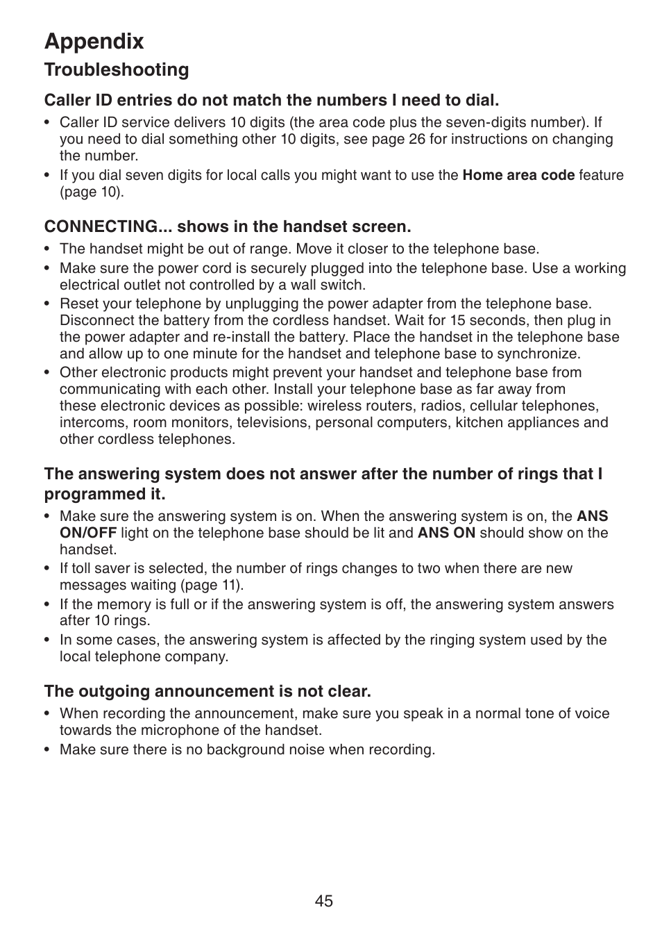 Appendix, Troubleshooting | VTech CS6229-5 User Manual | Page 49 / 61