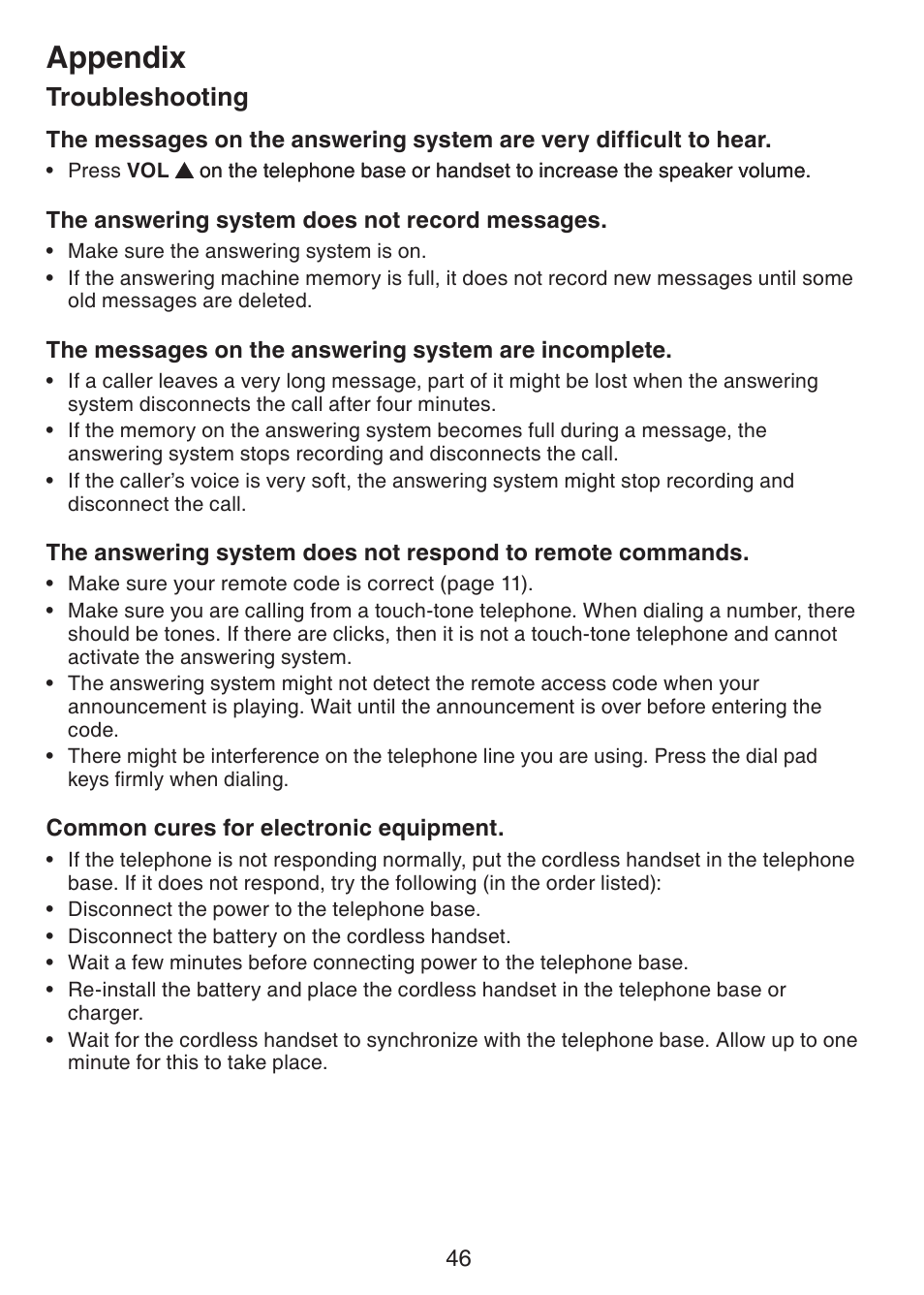 Appendix, Troubleshooting | VTech CS6229-5 User Manual | Page 50 / 61