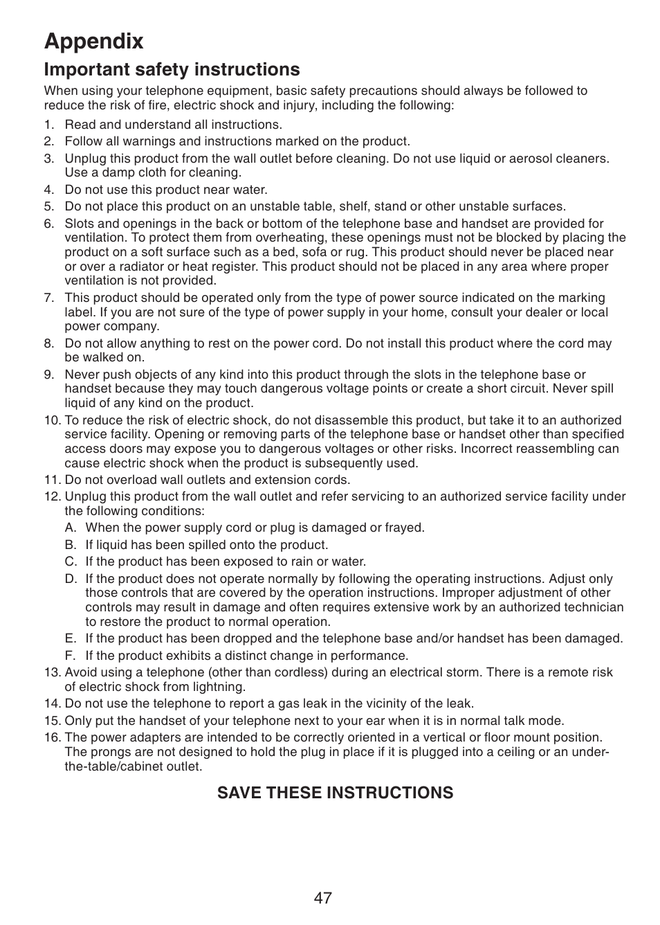 Important safety instructions, Appendix, Save these instructions | VTech CS6229-5 User Manual | Page 51 / 61