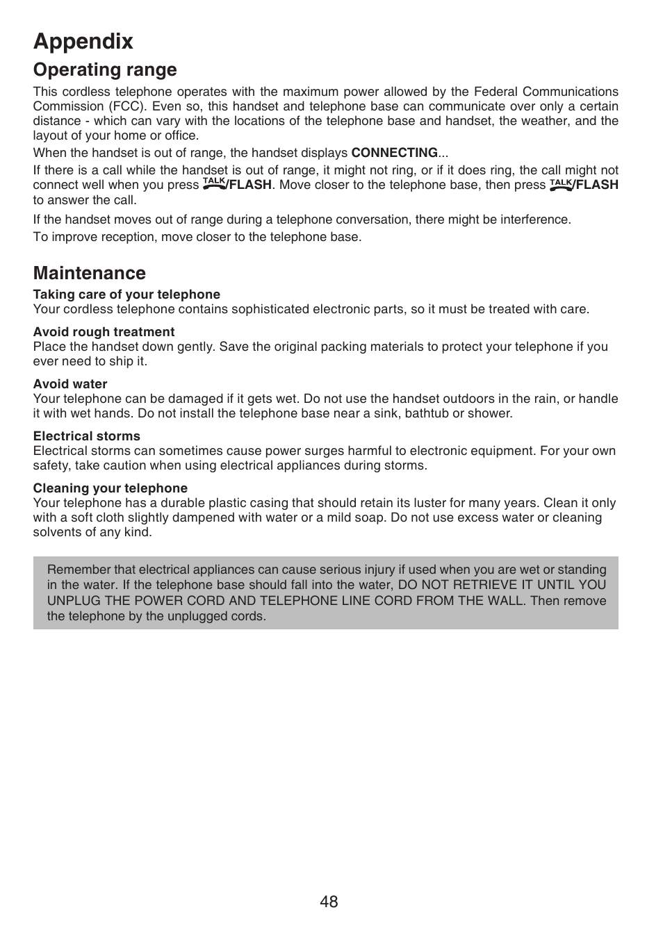 Operating range, Maintenance, Appendix | VTech CS6229-5 User Manual | Page 52 / 61