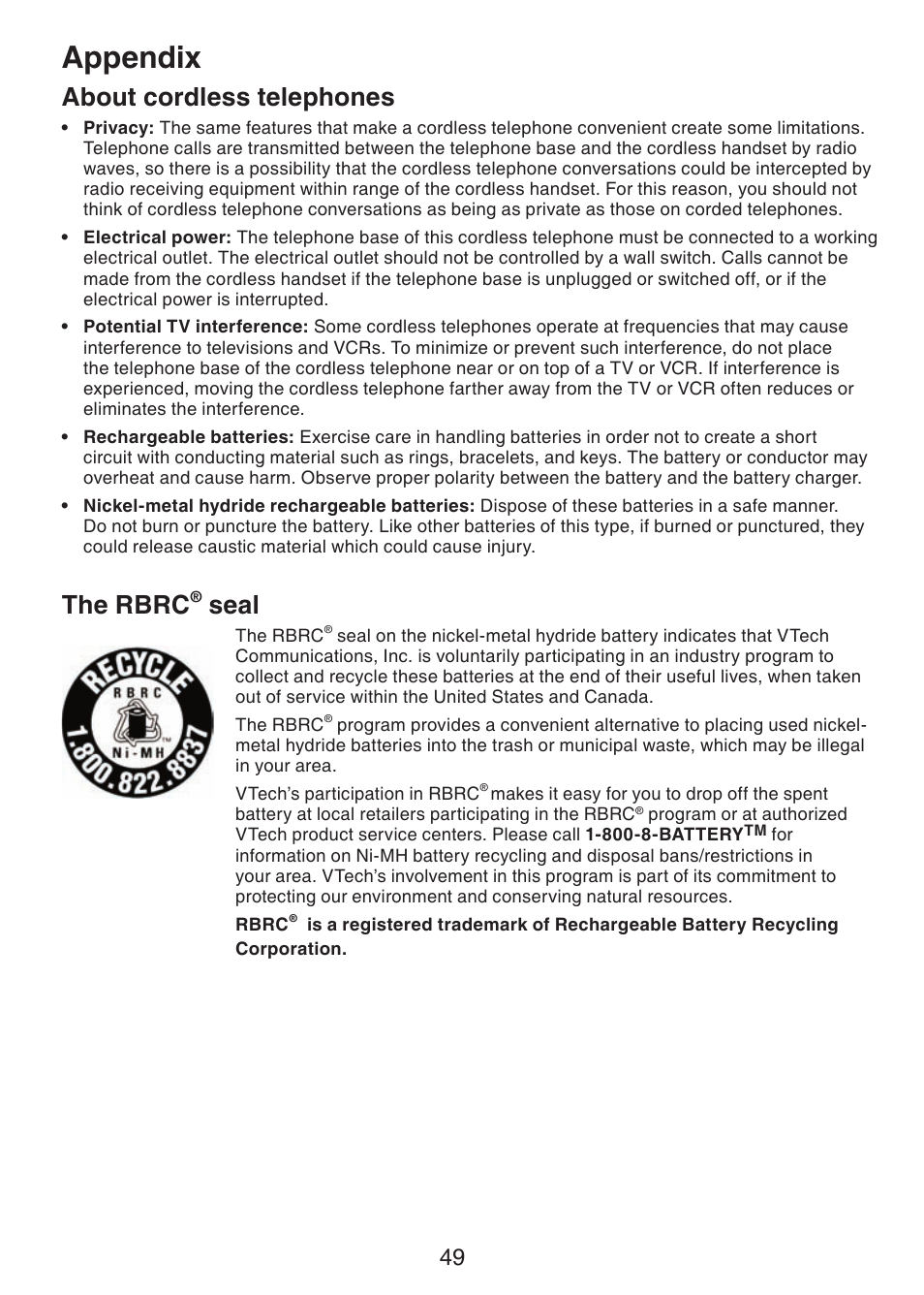 About cordless telephones, The rbrc, Seal | Appendix | VTech CS6229-5 User Manual | Page 53 / 61