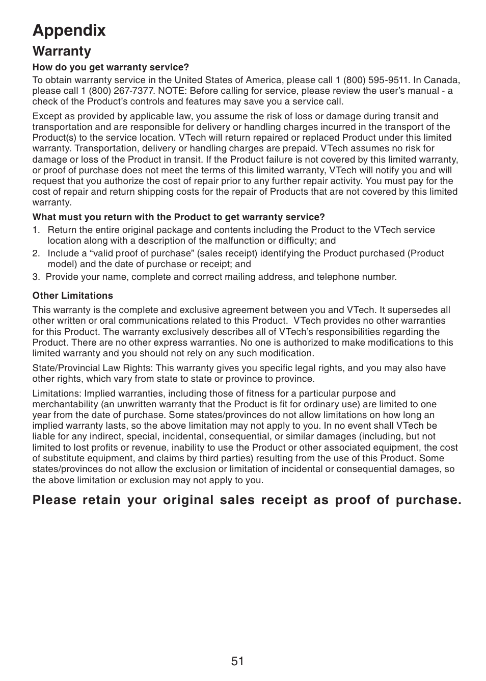 Appendix, Warranty | VTech CS6229-5 User Manual | Page 55 / 61