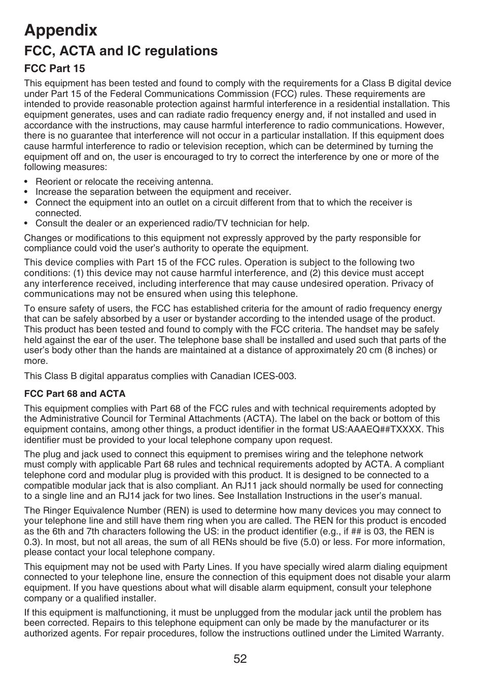 Fcc, acta and ic regulations, Appendix | VTech CS6229-5 User Manual | Page 56 / 61