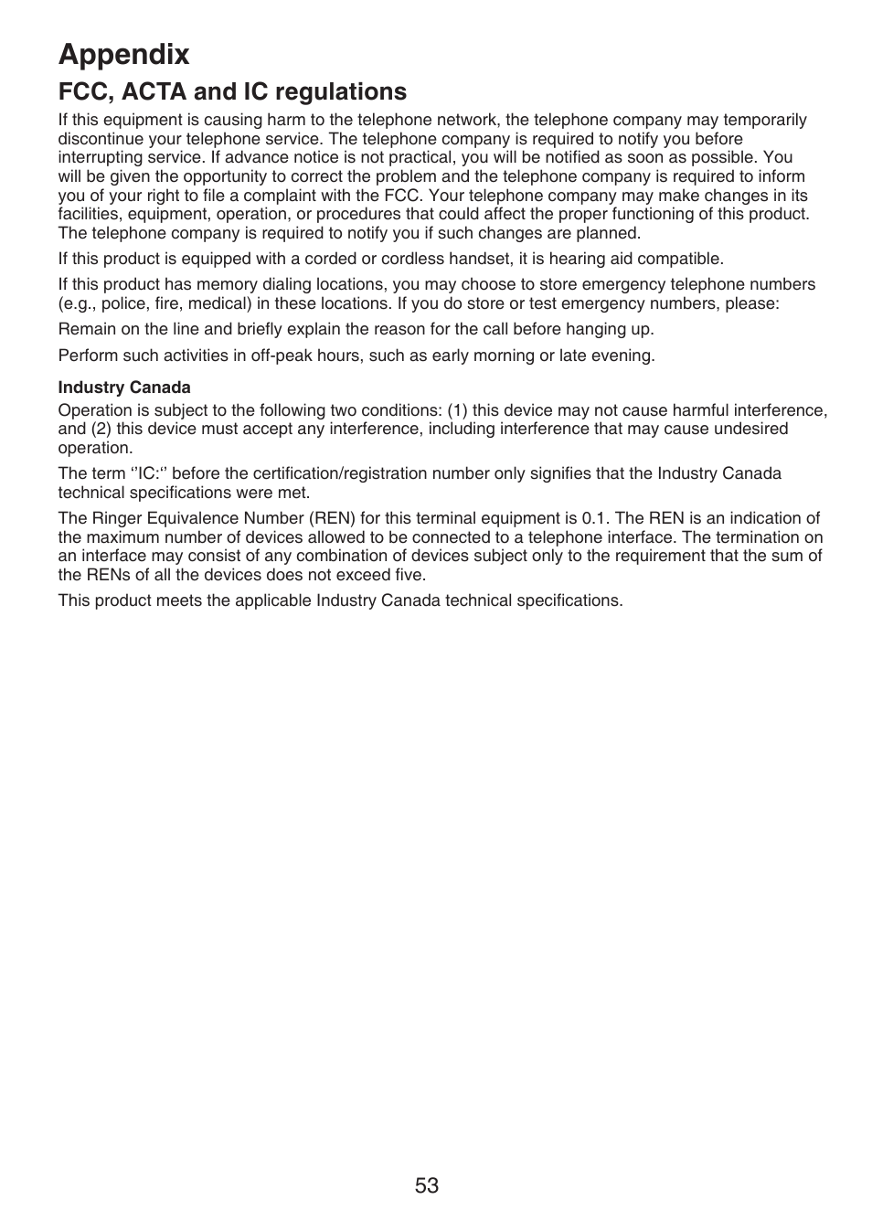 Appendix, Fcc, acta and ic regulations | VTech CS6229-5 User Manual | Page 57 / 61