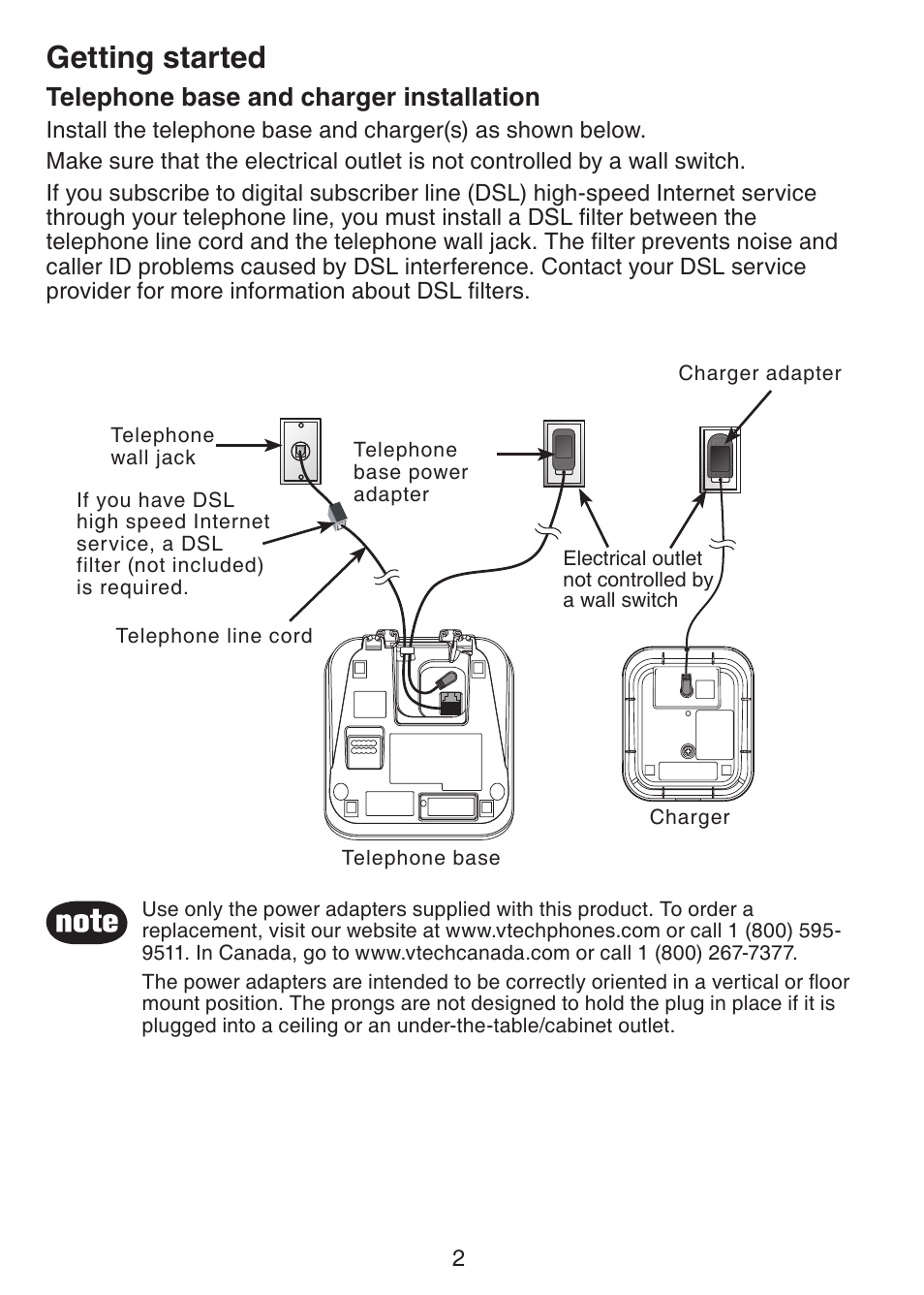 Telephone base and charger, Installation, Getting started | Telephone base and charger installation | VTech CS6229-5 User Manual | Page 6 / 61